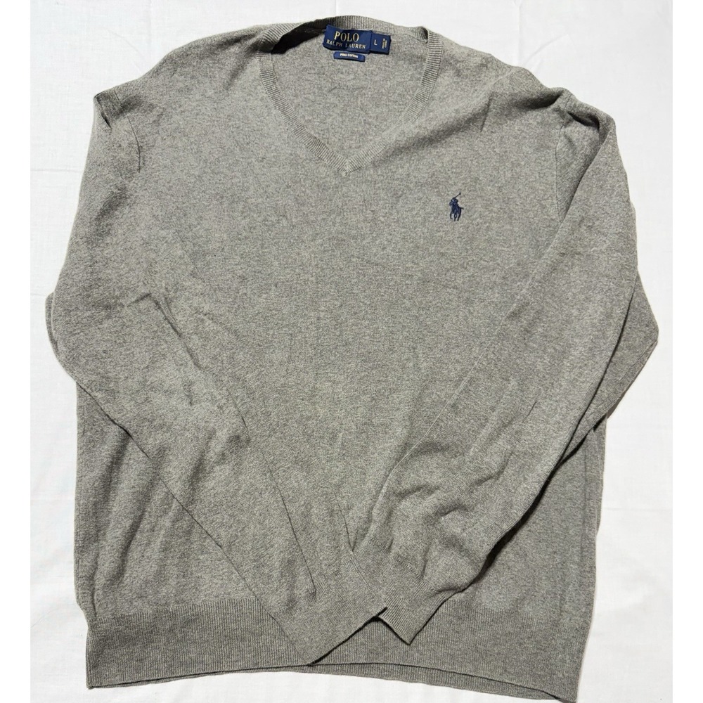 Polo Ralph Lauren Mens Sweater Large Gray 100% Pima Cotton V-Neck Pony‎ Logo